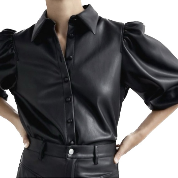 ZARA Black Puffed Sleeve Faux Leather Shirt Blouse - Picture 2 of 6